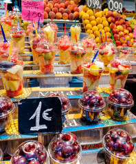 Salad fruits in La Boqueria market at Barcelona