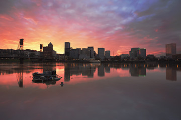 Colorful Sunset Over Portland Downtown Waterfront