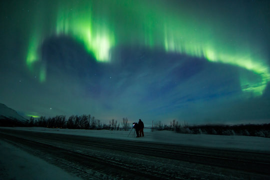 Northern lights (Aurora borealis) above road
