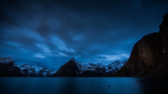 Norway coast at night, amongst fjords timelapse