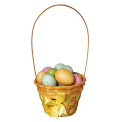 Easter basket with colorful eggs isolated on white