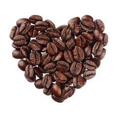 Coffee beans heart isolated on white background close up