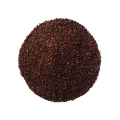 Ground coffee pile isolated on white background overhead view