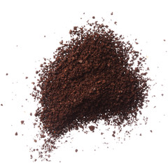 Ground coffee pile isolated on white background overhead view