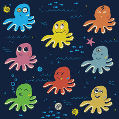 Cartoon octopus. Seamless pattern