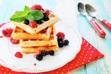 square sweet waffles with berries