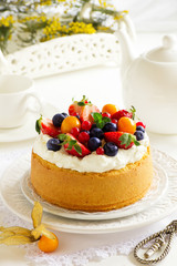 Chiffon cake with summer berries and cream.