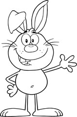 Black And White Smiling Rabbit Character Waving For Greeting