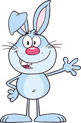 Smiling Blue Rabbit Cartoon Character Waving For Greeting