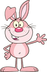 Smiling Pink Rabbit Cartoon Character Waving For Greeting