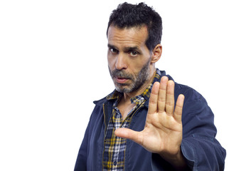 blue collar worker gesturing enough is enough