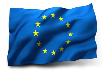 Wavy blue flag of Europe, European Union banner blowing in the wind, white background