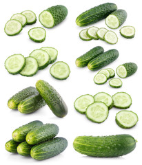 Set of sliced cucumber vegetables isolated on white background