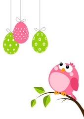 Funny bird with Easter eggs