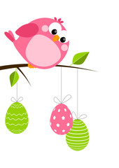 Funny bird with Easter eggs