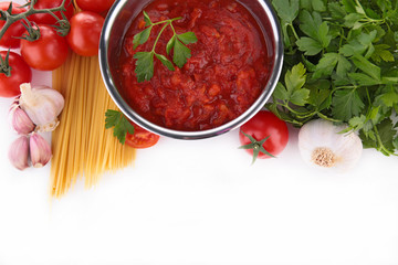 tomato sauce,spaghetti and ingredients