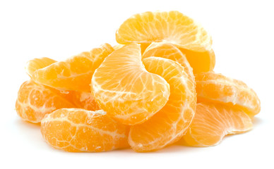 Peeled tangerine segments isolated on white background