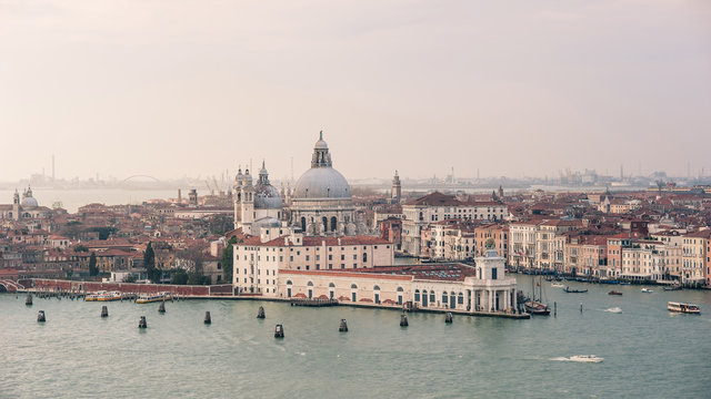 The Basilica Santa Maria della Salute, aerial view. Grand canal.