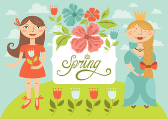 Spring girls with flowers. Greeting card