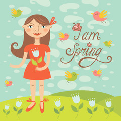 Spring girl with birds. Greeting card