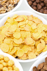 cornflakes and breakfast cereals, close-up, top view