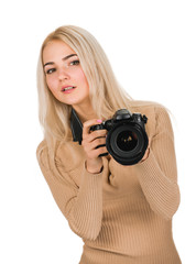 portrait of beauty woman with camera on white