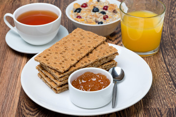breakfast - crisp bread with jam, tea and orange juice