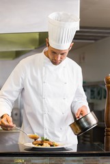 Concentrated male chef garnishing food in kitchen
