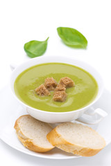 Traditional spinach soup with croutons, isolated