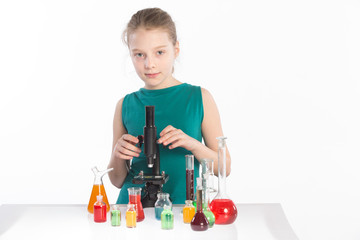 Child in chemistry class, chemistry lesson