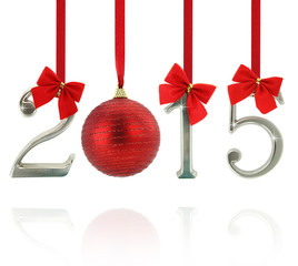 2015 number ornaments hanging on red ribbons