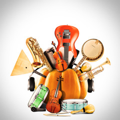 Collage of music, jazz band and musical instruments