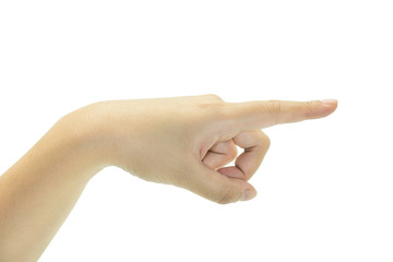 Female finger pointing isolated on white