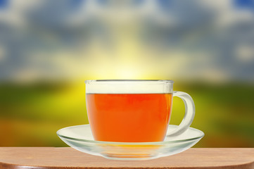 Cup of tea on wooden table, close-up