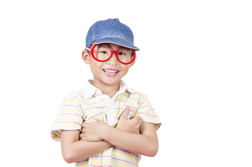 Cute little boy arm folded on white background