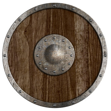 Medieval or vikings' wooden shield isolated on white