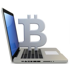 3d bitcoin with laptop computer