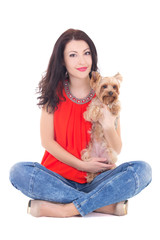 beautiful woman sitting with his little dog yorkshire terrier is