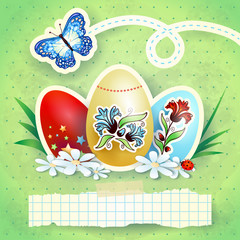 Easter background with eggs and butterfly, in green