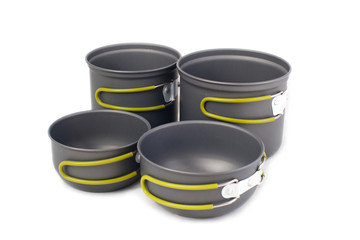 Set of tourist camping tableware with folding handles