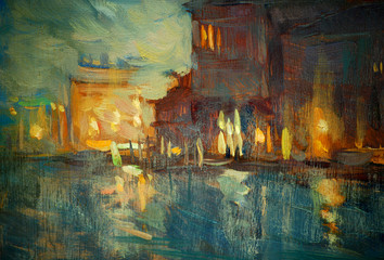 night to Venice, painting by oil on canvas,  illustration