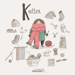 Cute vector alphabet Profession. Letter K - Knitter - 62276121