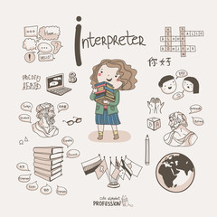 Cute vector alphabet Profession. Letter I - Interpreter