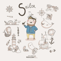 Cute vector alphabet Profession. Letter S - Sailor - 62276319