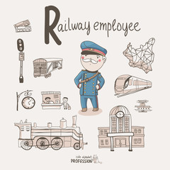 Cute vector alphabet Profession. Letter R - Railway Employee - 62276321