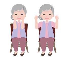 Old woman exercises by  lifting her arms