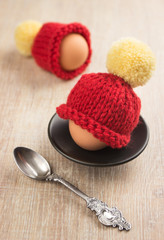 knitted hats - egg warmers - obrazy, fototapety, plakaty