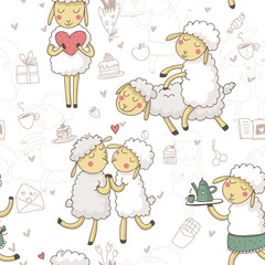 Cute seamless vector pattern of sheeps in love and sweets