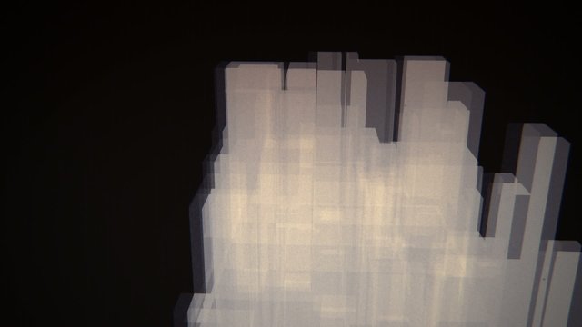 3D cityscape of translucent rectangles pulsating and rotating