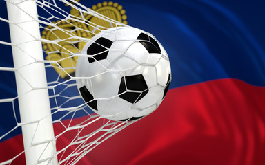 Flag of Liechtenstein and soccer ball in goal net
